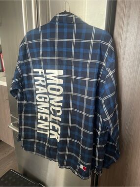 Moncler Blue Navy Plaid Shirt Jacket with Tricolor Patch